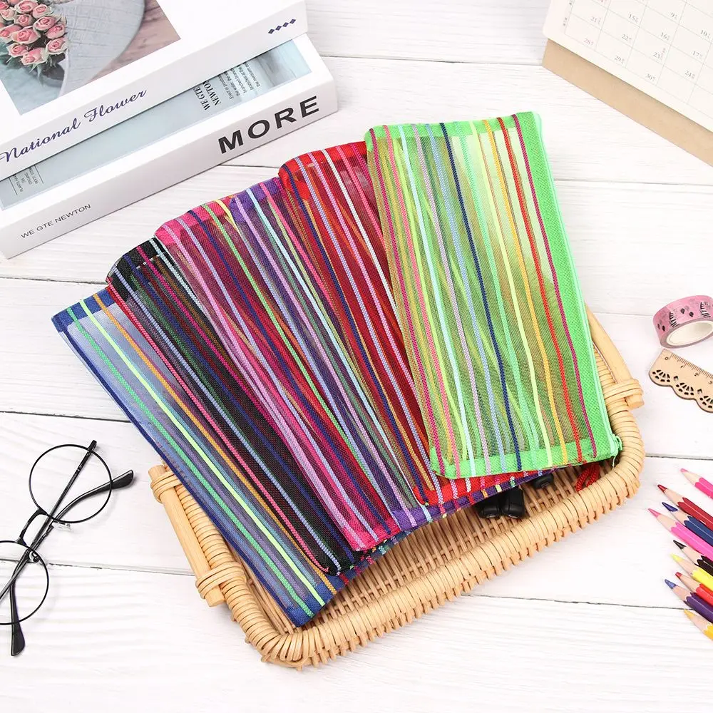 

1pc Coin Purse Gifts Handbags Rainbow Color Cosmetic Nylon Grid Zipper Pencil Case Cosmetic Storage Mesh Pen Bag