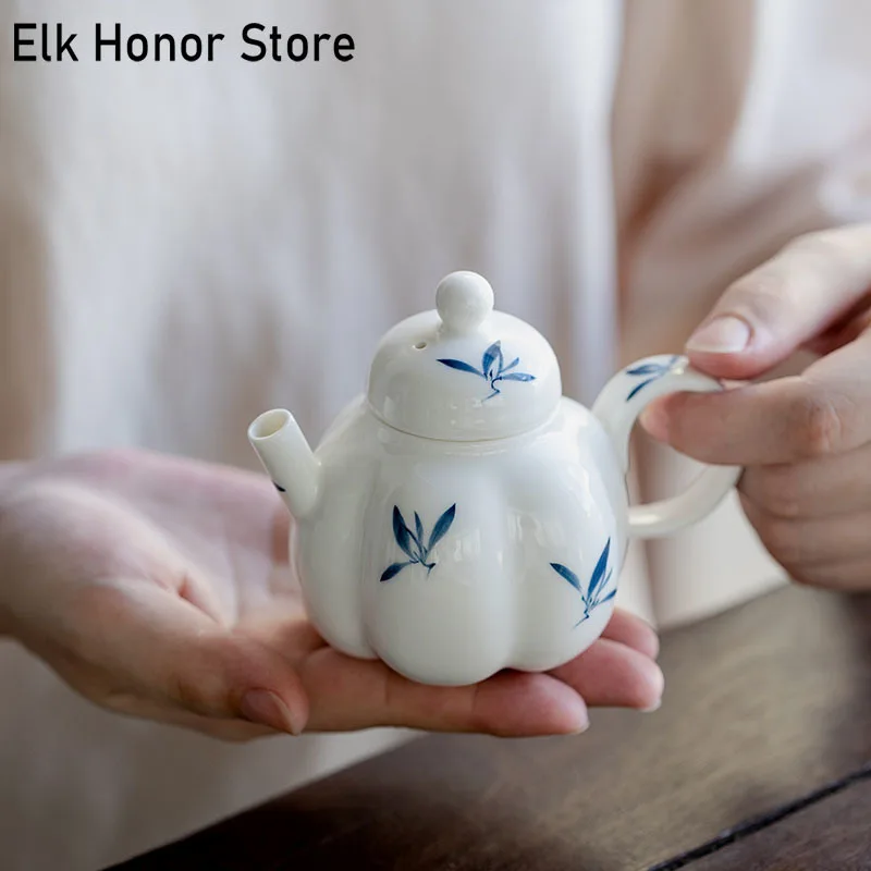 

125ml Pure Hand-painted Butterfly Orchid Ceramic Teapot Creative Pumpkin Kettle Tea Maker Pot With Ball Filter Kung Fu Tea Set