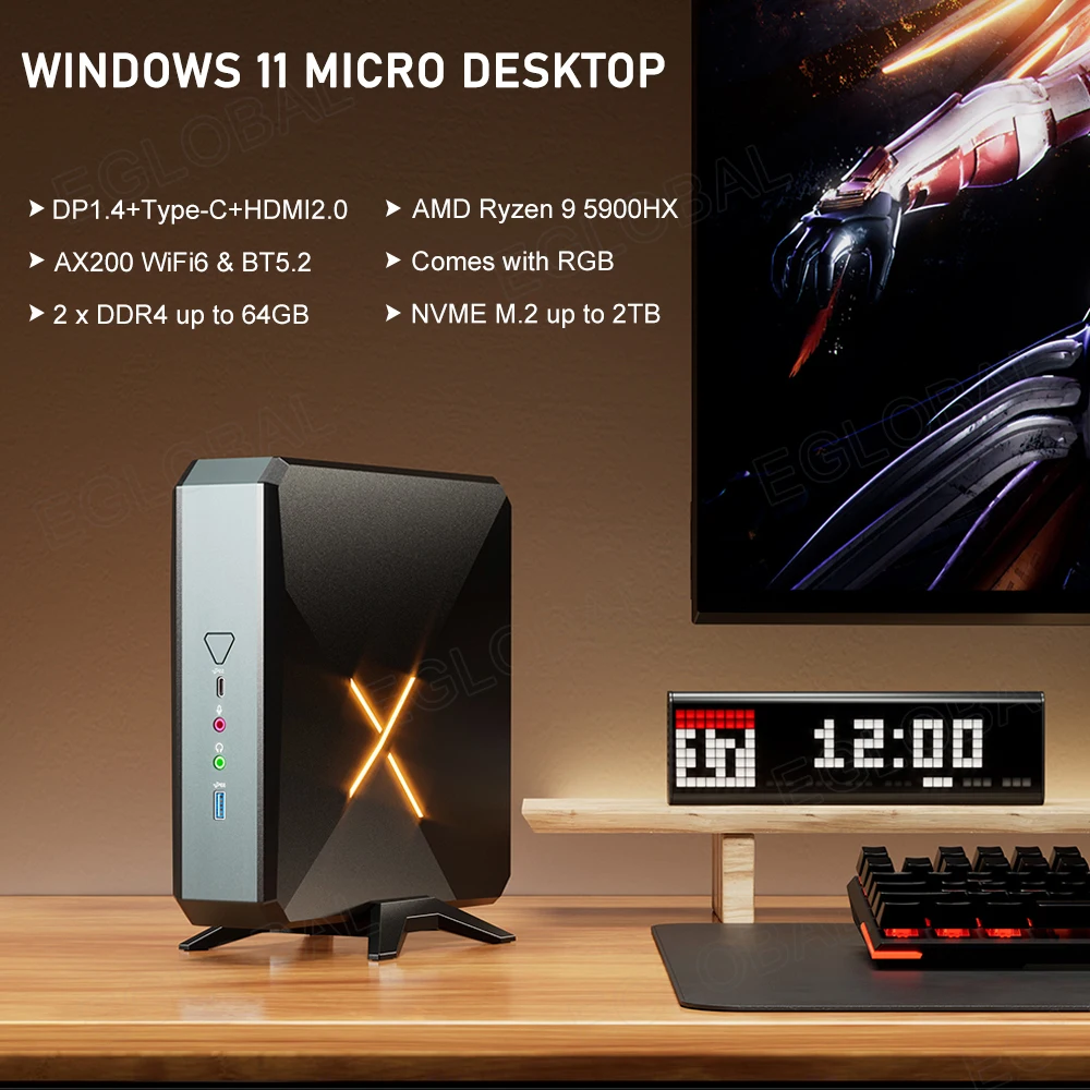 Eglobal Powerful Gaming Mini PC Windows 11 Pro Mini Gamer Laptop Computer AMD Ryzen 9 5900HX 2*DDR4 Wifi6 BT PCIE3.0x4 2.5G LAN