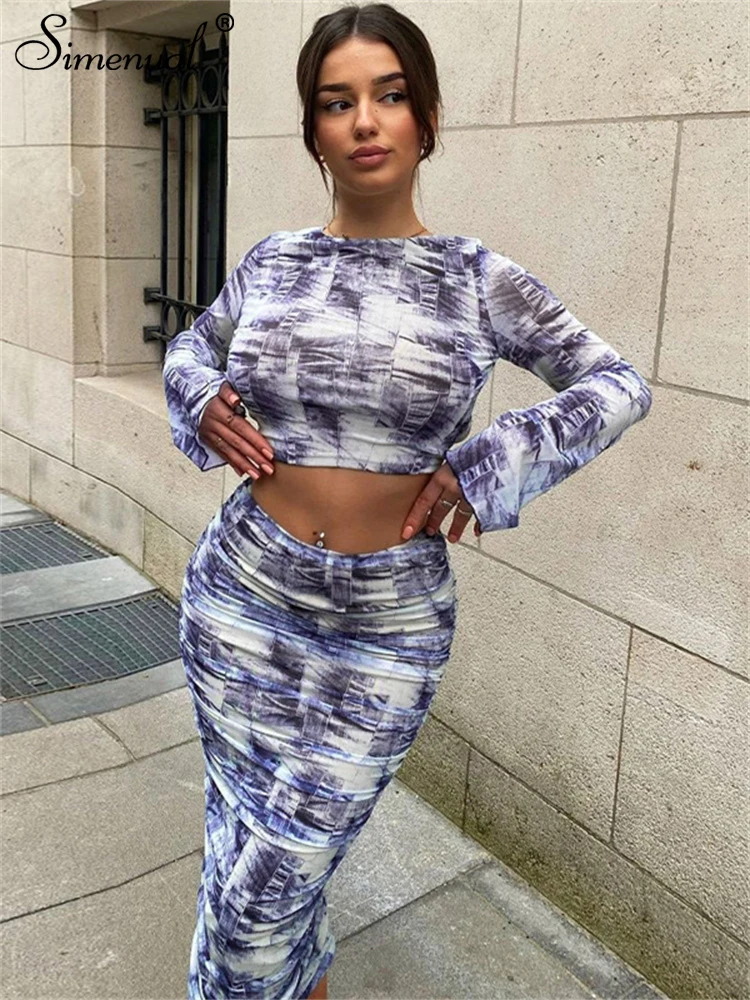 

Simenual Y2K Fashion Printed Two Piece Sets For Women Sexy Backless Long Sleeve Crop Tops Bodycon Mid Skirts Street Outfits Slim
