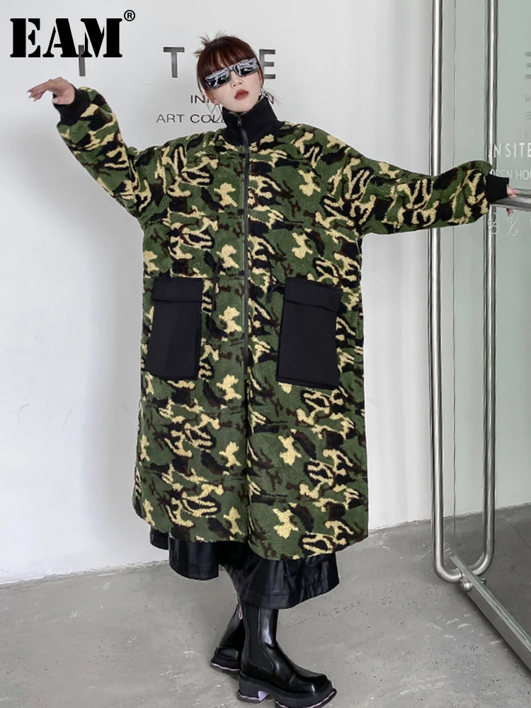 

[EAM] Camouflage Green Lambswool Big Size Long Jacket New Lapel Long Sleeve Women Coat Fashion Tide Autumn Winter 2022 1DF2383