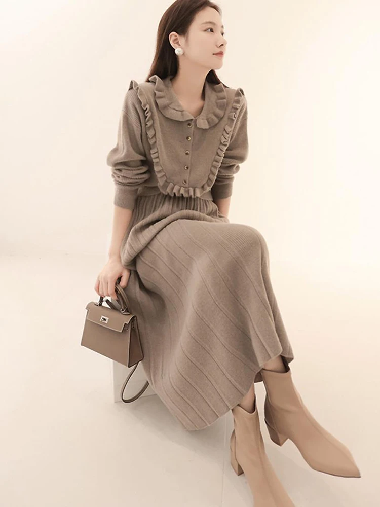 7075# Little Fragrant Premium Suit Skirt Women Sweater Knitted 2022 Winter Autumn Foreign A-line Skirt Office Lady Two-Piece Set