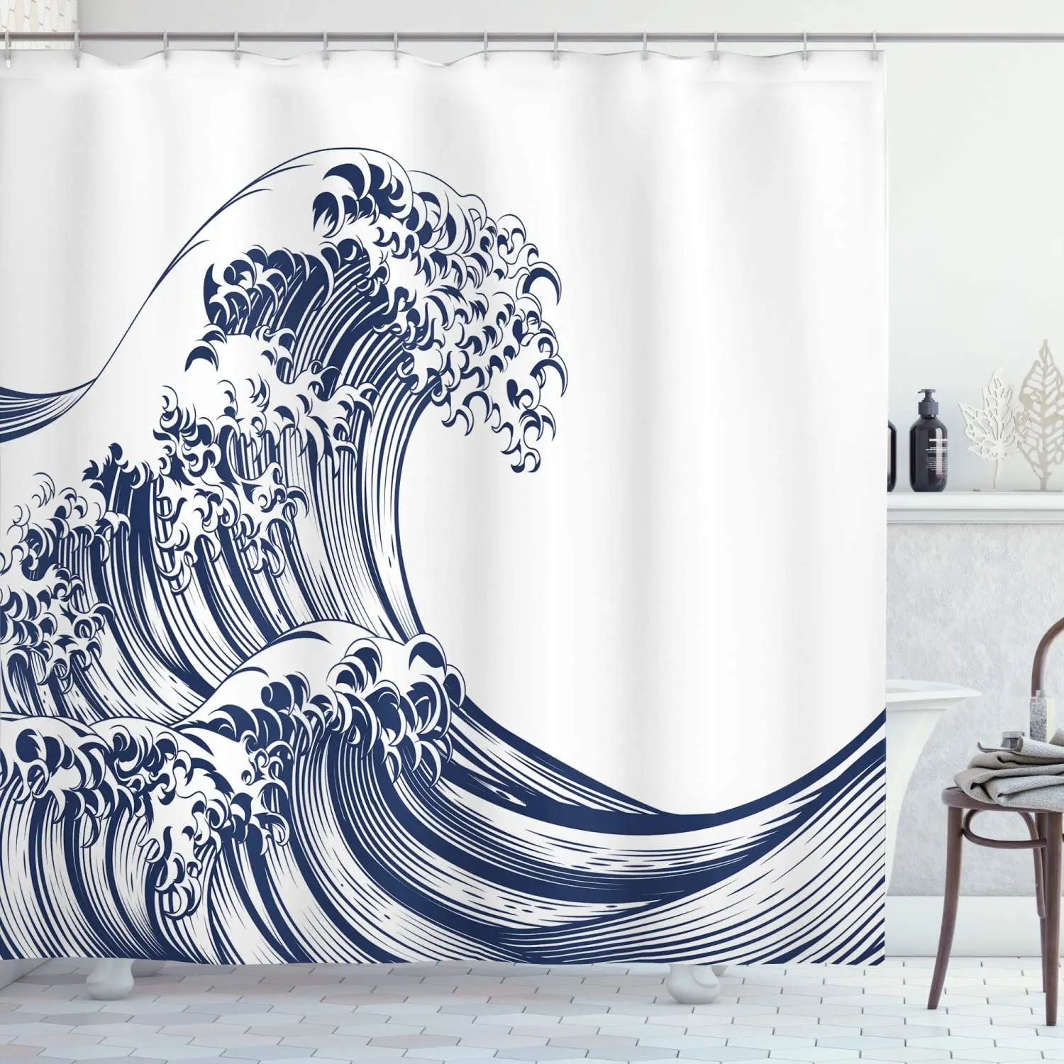 

Japanese Wave Shower Curtain Oriental Vintage Wave Monochrome Kanagawa Inspired Antique Art Cloth Fabric Bathroom Decor Set