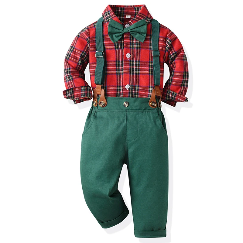 

Boys' Set New Children's Christmas Gentlemen Dress Long Sleeve Plaid Shirt Autumn Winter Green Strap Pants Kid Boutique Outfits