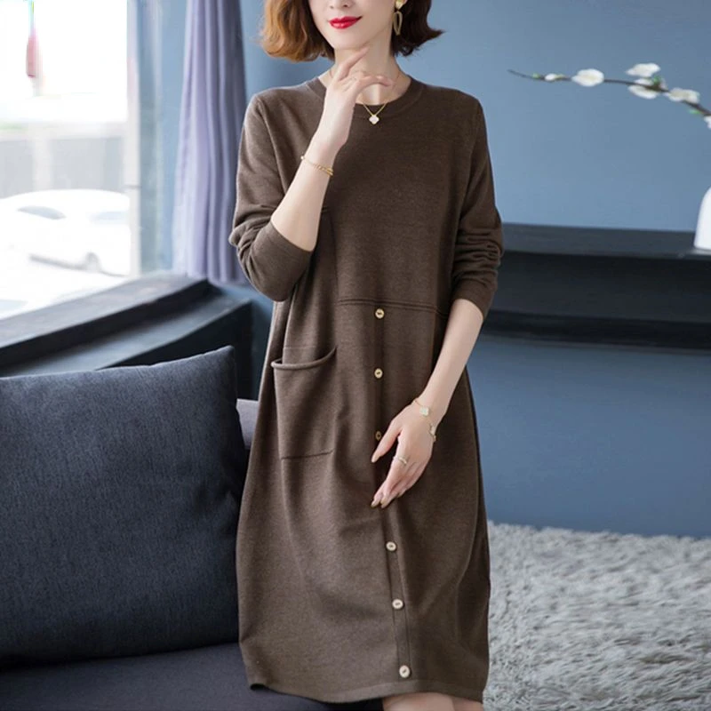 Elegant Round Collar Single-breasted Women Thicken Sweater Dress 2023 Autumn Winter Knitted Female A-line Soft Dresses R87
