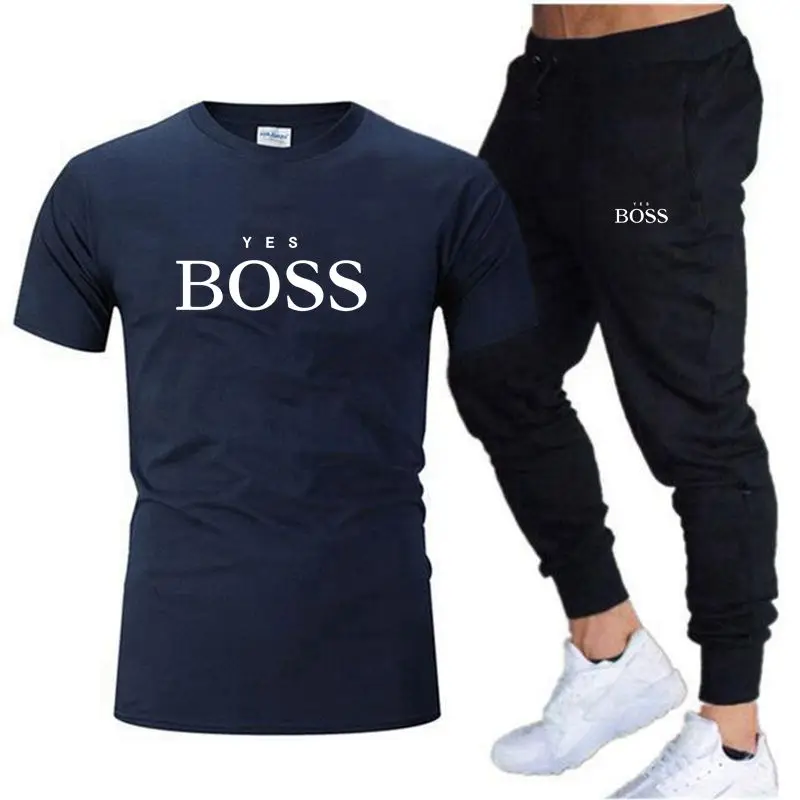 Men's Shirt Tracksuit Two Pieces Sets Men Casual Fitness Sport Suit Short Sleeve T Shirt+Trousers Men's Casual Sportswear Suits