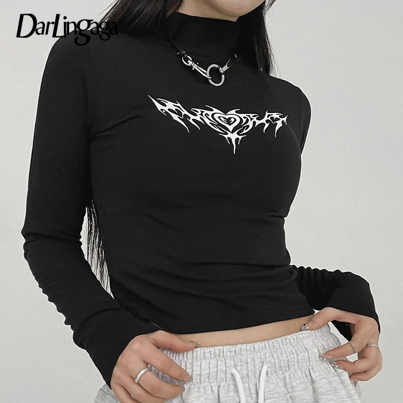 

Darlingaga Gothic Dark Print Skinny Autumn Tshirts Female Y2K Harajuku Chain Basic Turtleneck Tee Cropped Tops Slim Long Sleeve