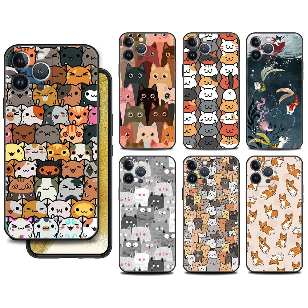 

Case For Apple iPhone 11 13 14 12 Pro 7 Plus XR X XS Max 6 6S 13Pro Max Black Silicone Phone Funda Cute Dogs Cat Animal