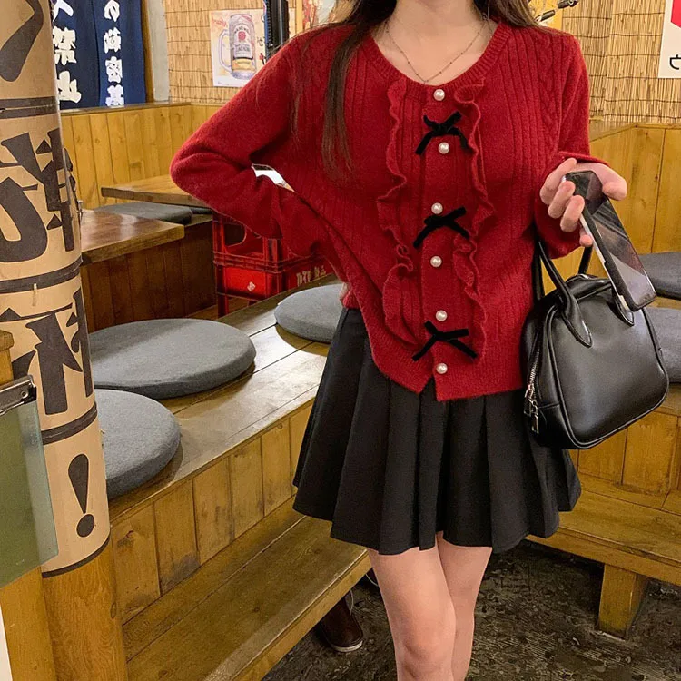 

Sweet Girl Sweater Autumn Knitted Cardigan Women's Girlish Bow Sweater O Neck Long Sleeve Cute Japanese Sweet Coat Japan Girl