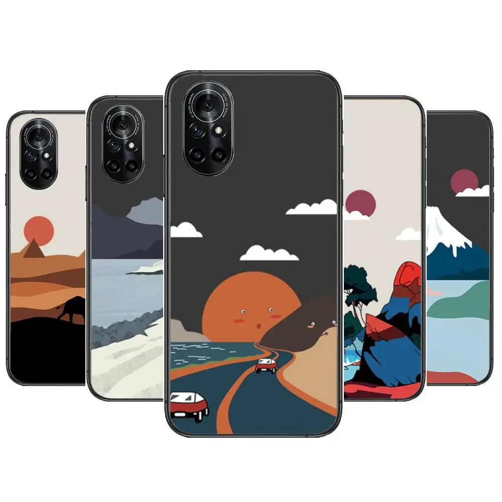 

Japanese landscape pattern Clear Phone Case For Huawei Honor 20 10 9 8A 7 5T X Pro Lite 5G Black Etui Coque Hoesjes Comic Fash