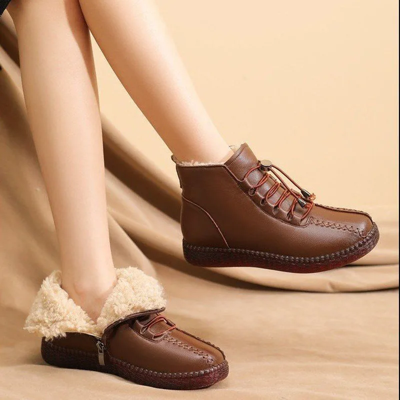 2022 winter women's plush warm shoes plus cotton women's casual flat snow boots women's soft-soled warm nude boots 35-42