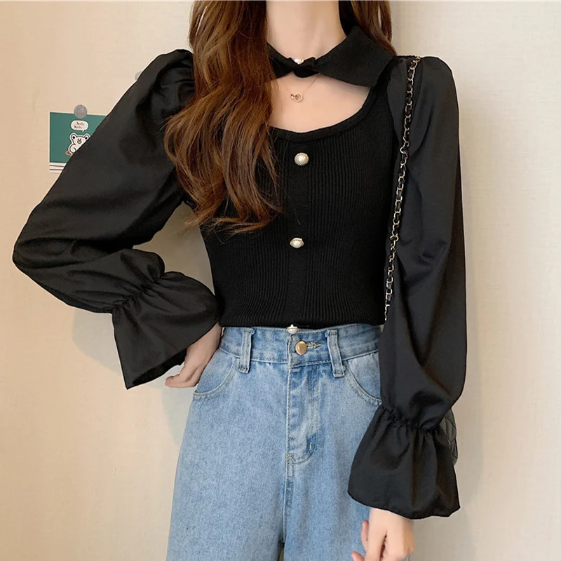 

Women Puff Sleeve Knit Shirt Cutout Design Women's Top Fashion Solid Long Sleeve Blouseturn-Down Collar Patchwork