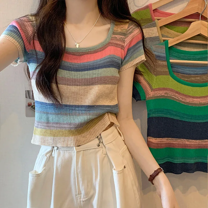 

New Knitwear for Summer Short-sleeved Rainbow Color Cropped Niche Skinny Tops Korean Fashion Ladies Vest Girly Short Sweaters