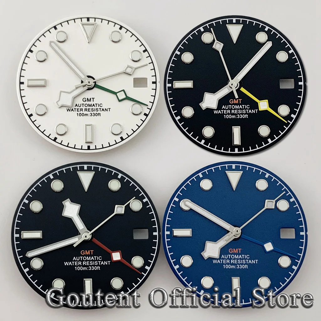 

Циферблат Goutent 29 мм, черный, синий, белый циферблат часов и GMT стрелки часов подходят NH34, светящийся циферблат подходит для NH34 GMT, циферблат ча...