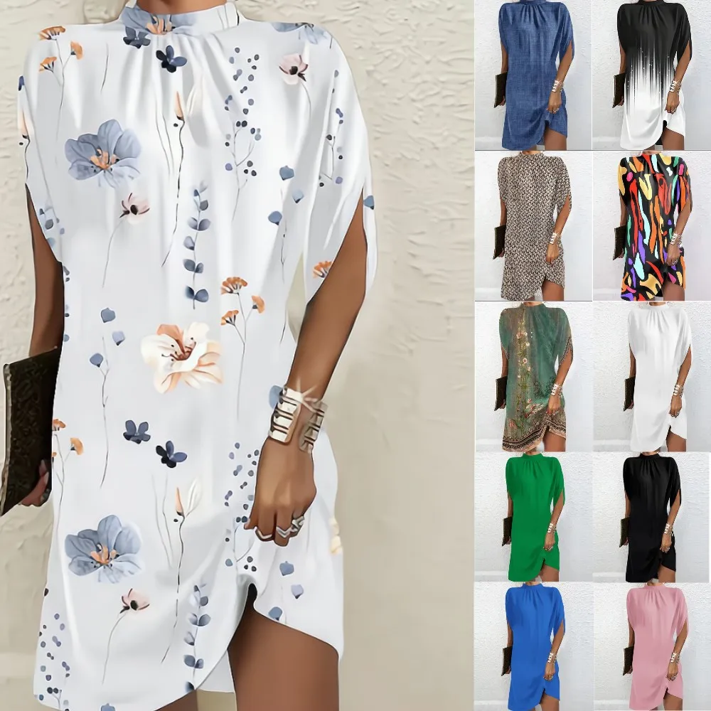 

2023 Women's Amazon Independence Station Fashion Round Neck Loose Bat Sleeve Round Neck Dress