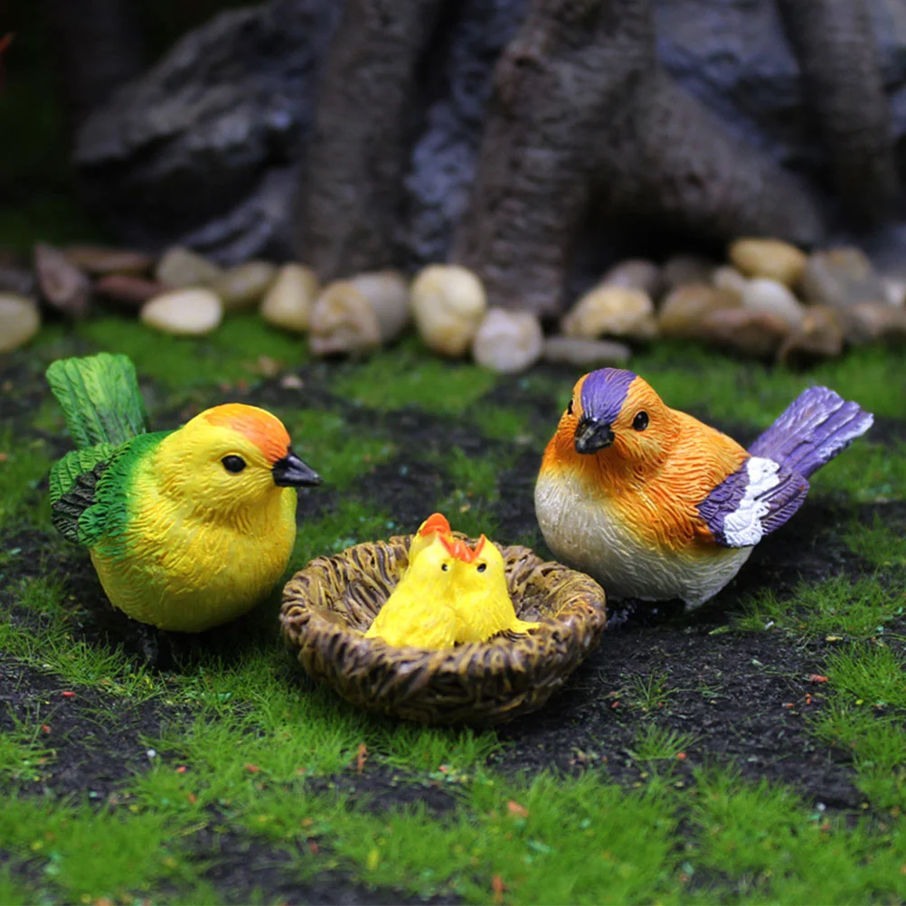 

1 Set of Artificial Small Birds Simulation Resin Birds with Nest Garden Micro Scene Decorations