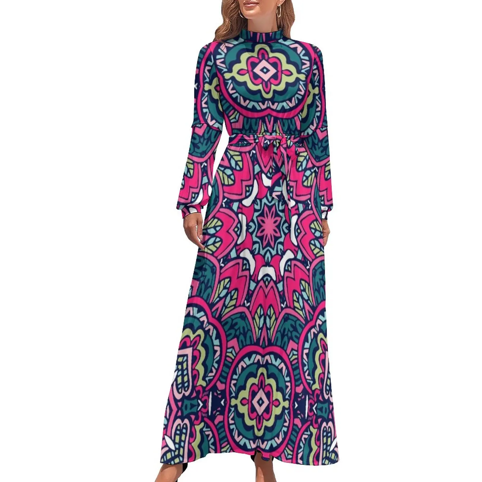 

Bohemia Print Dress Long Sleeve Mandala Flower Kawaii Maxi Dress High Waist Aesthetic Custom Boho Beach Long Dresses Gift Idea
