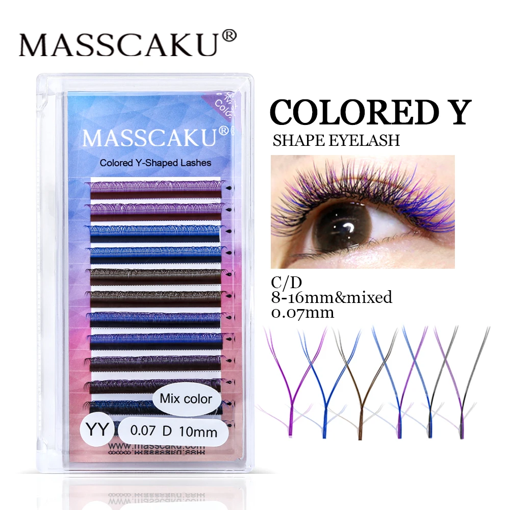 MASSCAKU Hand-woven Colored YY Lashes Easy To Graft Soft Invividual Eyelashes Y Shape Volume Eyelash Extension Supplier