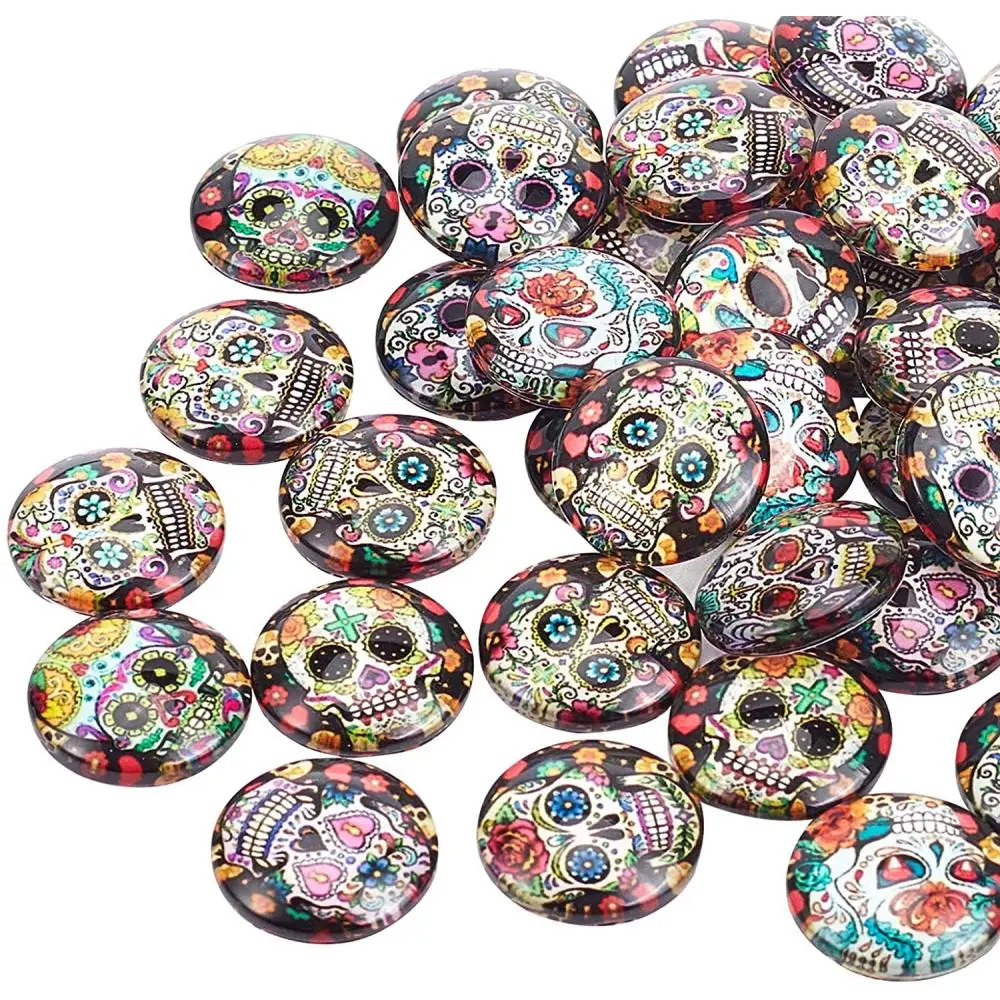 

140pcs 18mm Skull Printed Glass Flat Back Dome Cabochons for Halloween Bracelet Pendant Necklace Cufflinks Rings Jewelry Making