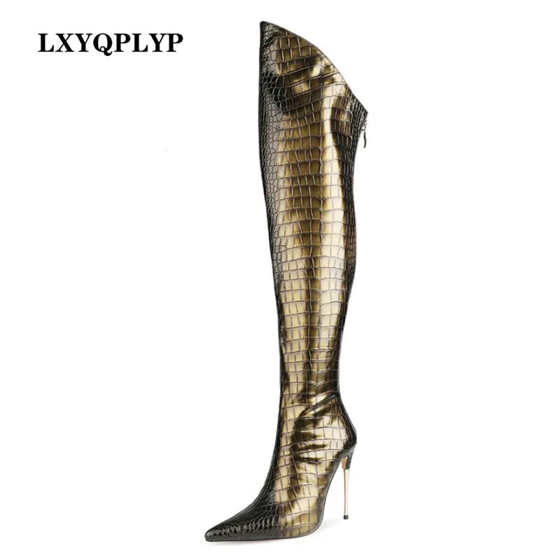 

Stiletto Pointed Toe Crocodile Pattern New Fashion Sexy European and American Autumn and Winter Over-the-knee Women's Boots