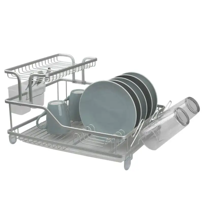 

2023 New Michael Grave Elevated 2 Tier Aluminum Dish Rack with Soft Touch Anti-Skid Feet and Removable Compartment Utensil Hold