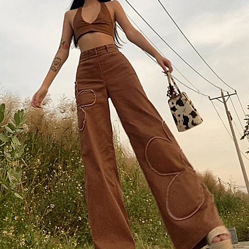 

Fashion Y2K Aesthetic Baggy Jeans Vintage 90s Wide Leg Pants Women Brown Flower Patches High Waist Straight Denim Trousers 2021