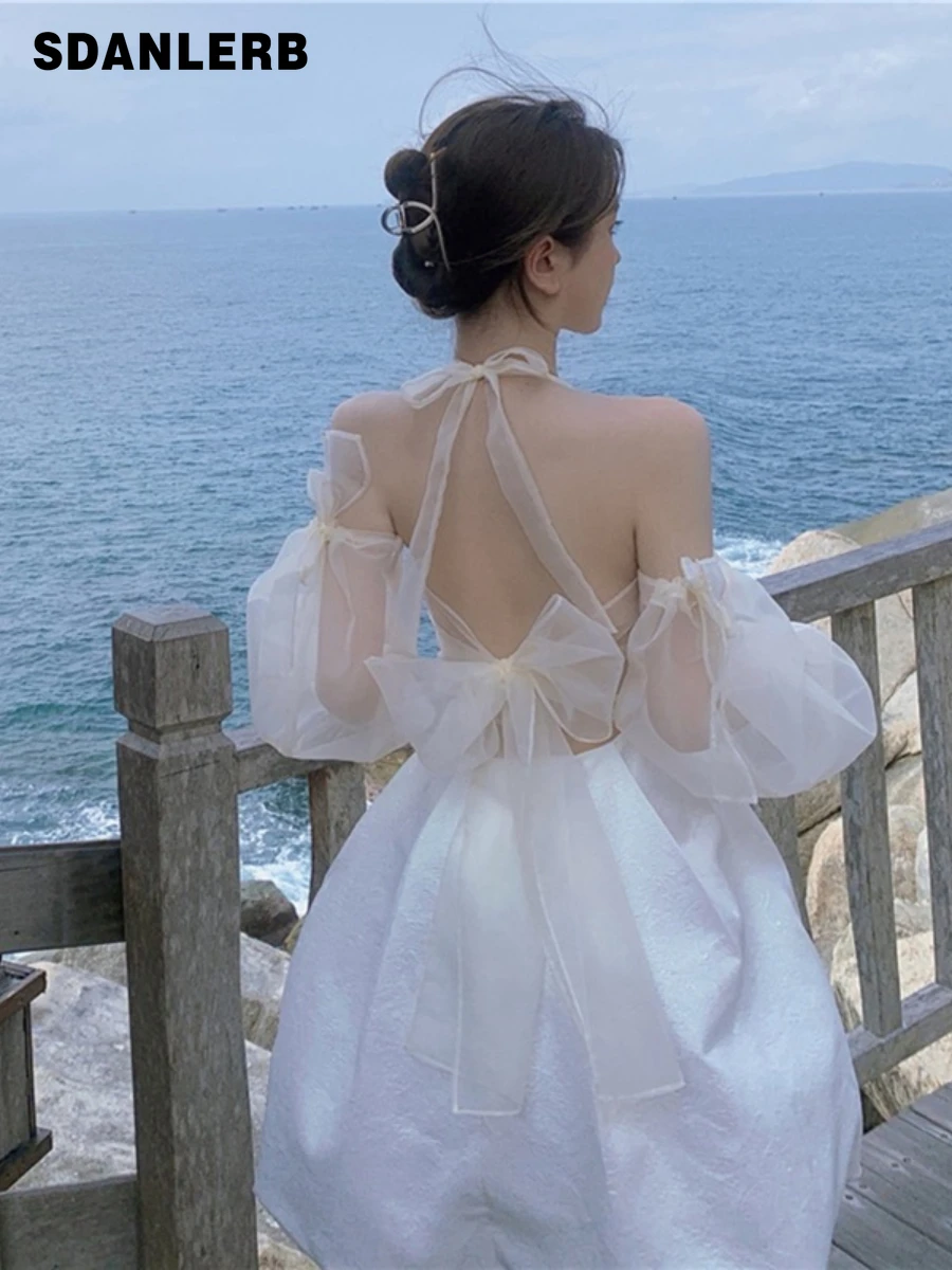 

Seaside Holiday White Princess Dress Women's Summer Sweet Fitted Waist Backless Halter Spaghetti Straps Tulle Tutu Dress Female