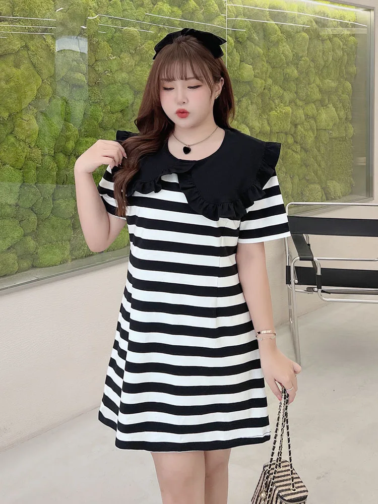 

Oversized Women Dresses Cotton Sweet A-LINE RUFFLES Above Knee Peter Pan Collar Stripe Short Sleeve Dress Summer 2022