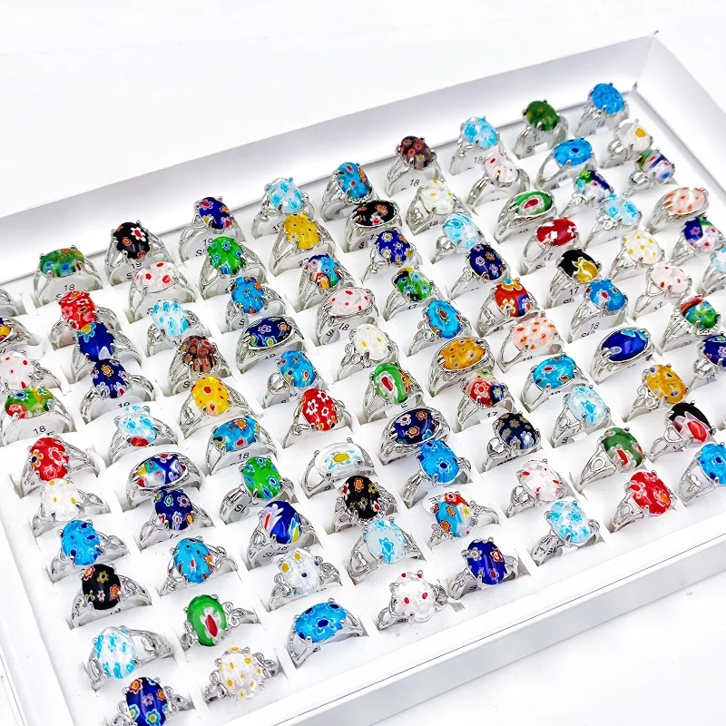 

10Pcs/Lot Vintage Colorful Natural Stone Rings for Men and Women Wholesale Fashion Flower Finger Ring Charm Jewelry Party Gift
