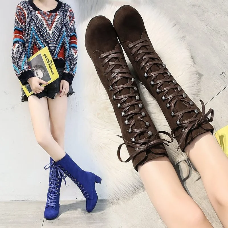 Women's Boots 2022 New Fashion High Boots Round Toe Lace-up Shoes Thick Sole High Heel Long Women's Boots Ladies Casual Shoes