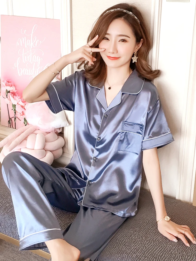 Ice Silk Pajamas Women Summer Thin Short sleeve Trousers Plus size Sexy New Real Home Wear Loose Set