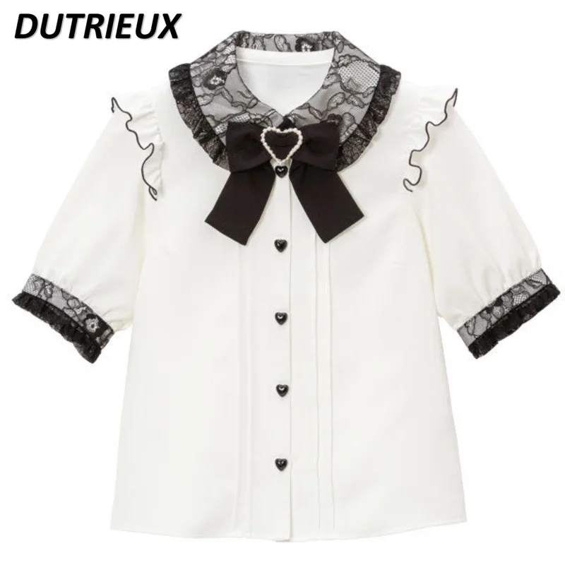 

Lolita Clothes Girls Sweet Bow Lace Solid Color Blouse 2023 Spring Summer Cute Woman Japanese Style Tops Sleeve Shirts Rojita