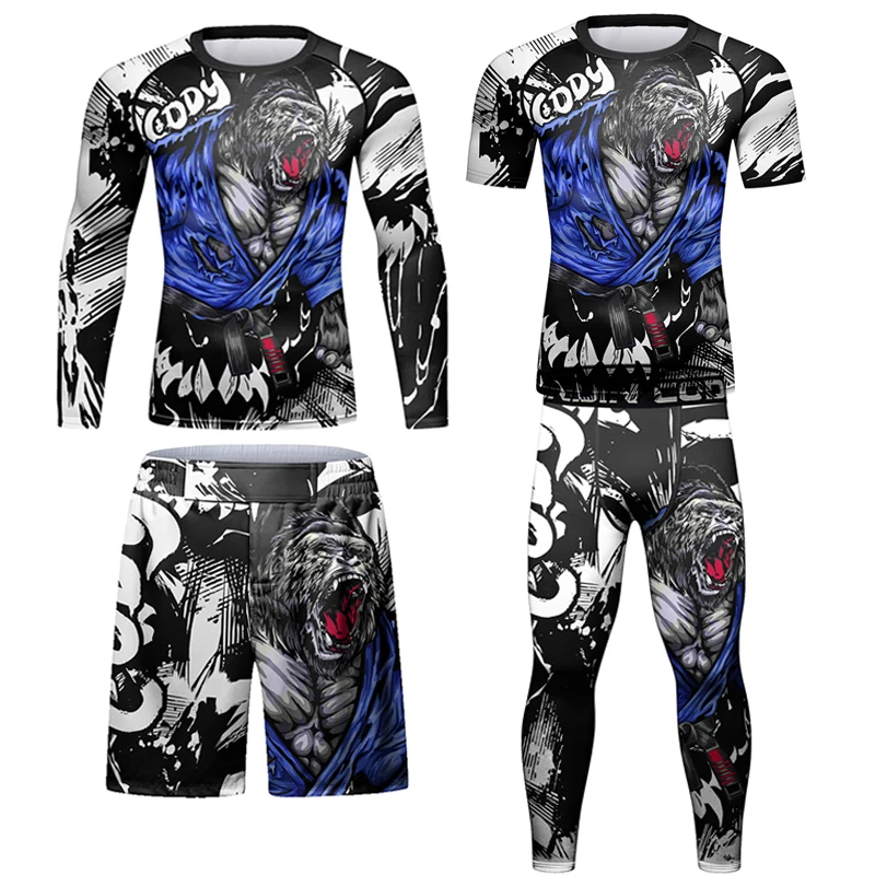 Купи Men MMA Boxing Muay Thai Compression Set Tracksuit Running Rashguard Training Fitness Sportswear Workout Gym Clothing Sport Suit за 485 рублей в магазине AliExpress