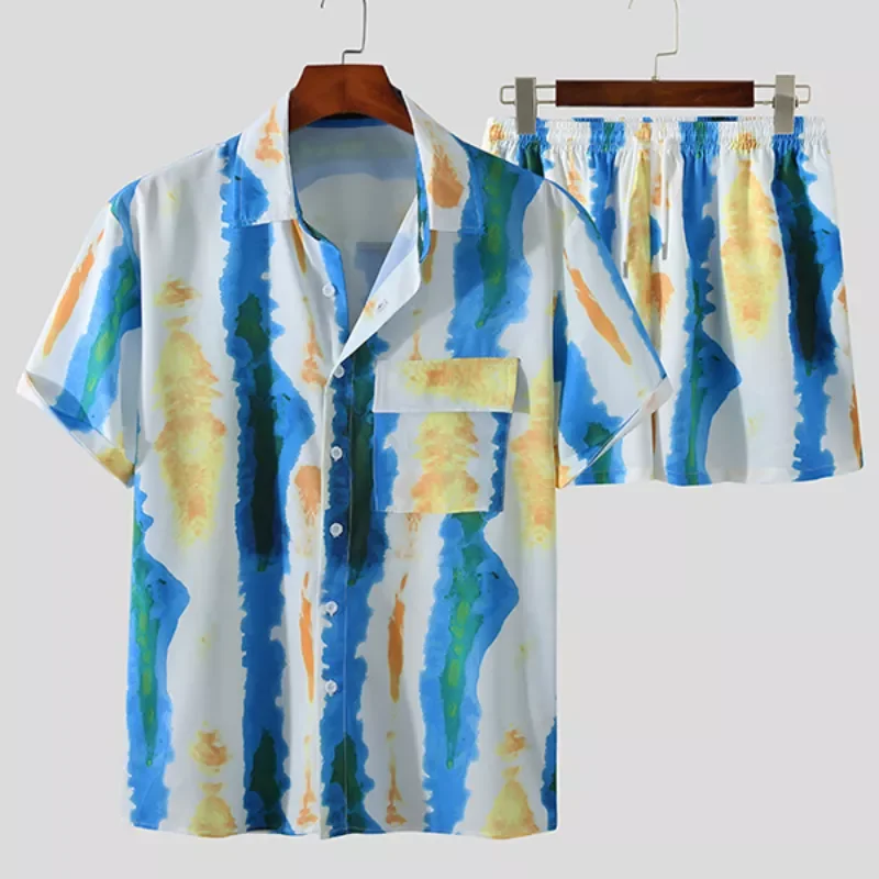 

Костюм пляжный мужской из двух предметов, повседневный костюм в полоску с коротким рукавом и шортами, лето 2020