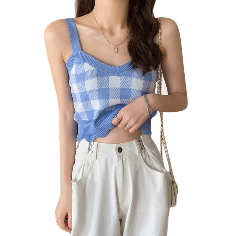 

Women Knitted Sleeveless Crop Tank Top Sexy V-Neck Backless Contrast Color Plaid Pattern Slim Wavy Hem Sweater Cami Vest