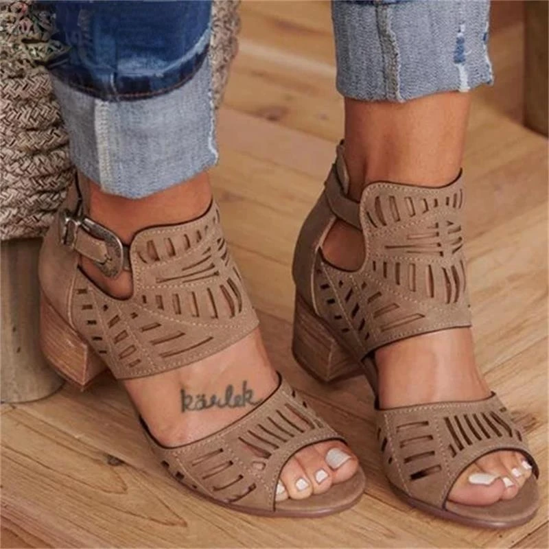 

Vintage Hollow Out Sandals Mid Heel Summer Slip-on Buckle Ladies Shoes Artificial Open Toe Casual Wedding Pumps Women Sandalias
