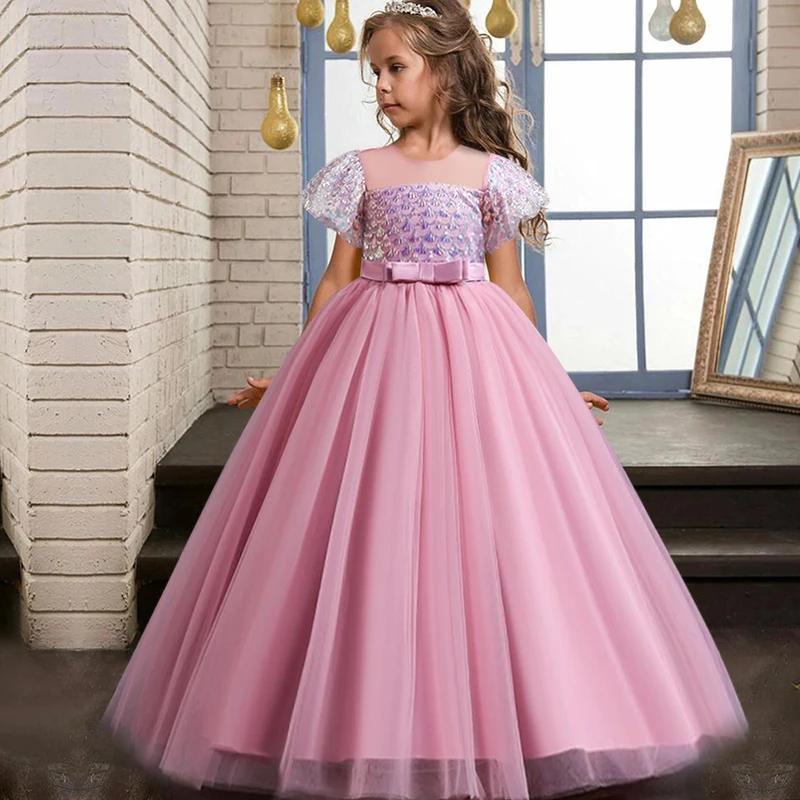 

Новое Элегантное свадебное платье с блестками для девочек, элегантное вечернее платье для девочек с цветами, Детские праздничные платья пр...