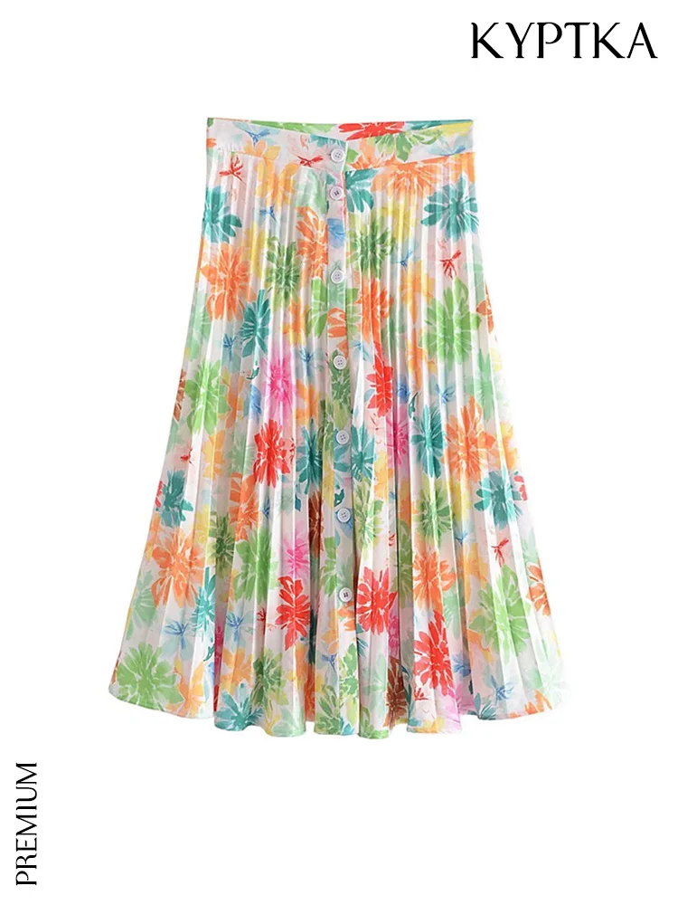

KYPTKA Women Fashion Floral Print Pleated Midi Skirt Vintage High Waist Front Button Female Skirts Mujer