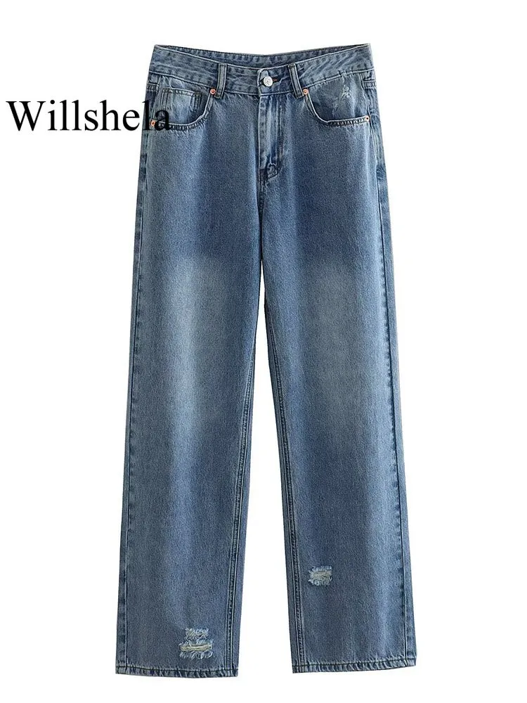 

Willshela Women Fashion Denim Solid Front Zipper Ripped Jeans Pants Vintage High Waist Full Length Female Chic Lady Trousers