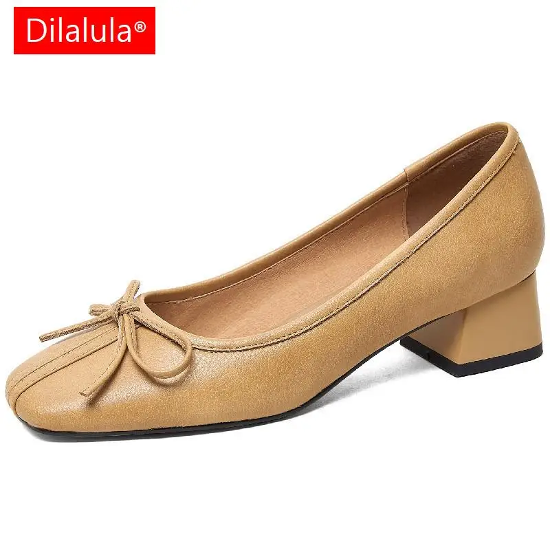 

Dilalula Spring Summer Women Genuine Leather Pumps Sweet Butterfly Knot Square Toe Low Heels Office Ladies Casual Shoes Woman