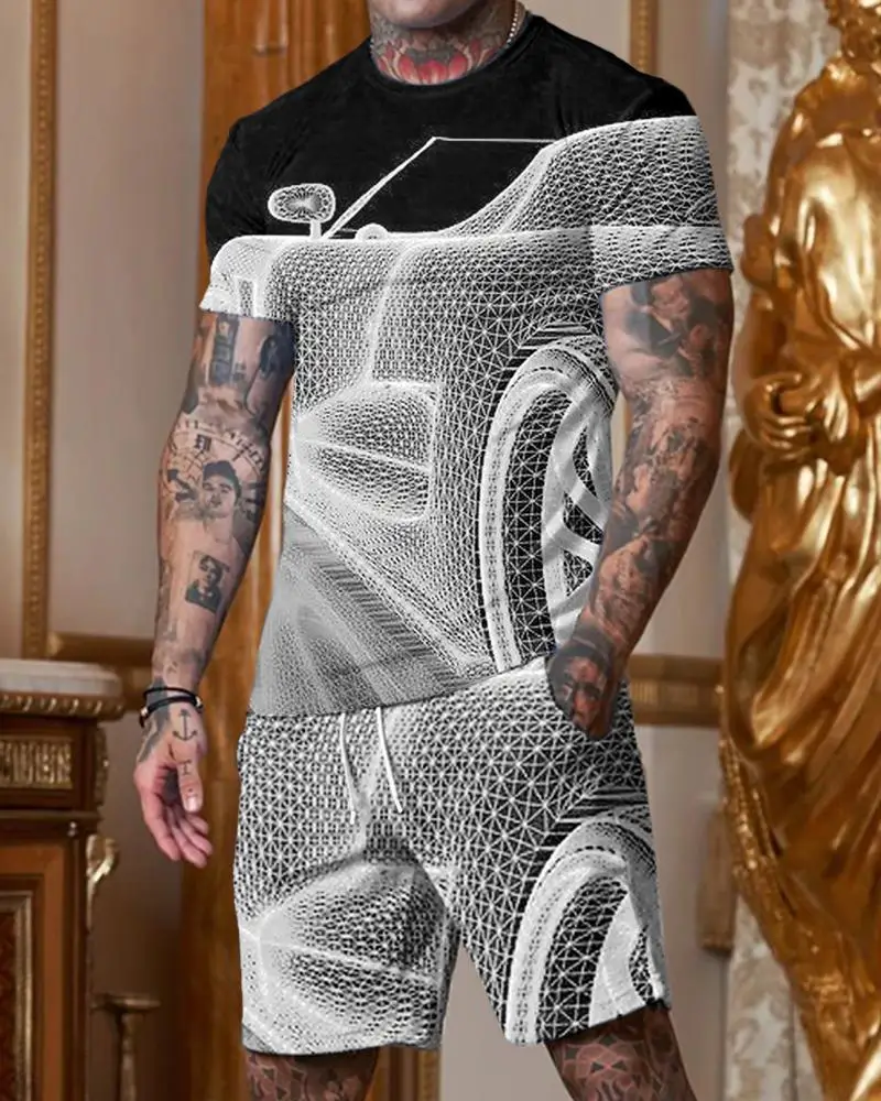 

Summer Man Sets Geometric Patterns Tracksuit Oversized Tshirts Man Short Sleeve T Shirt+Shorts Printed SportsWear 2 Piece Set