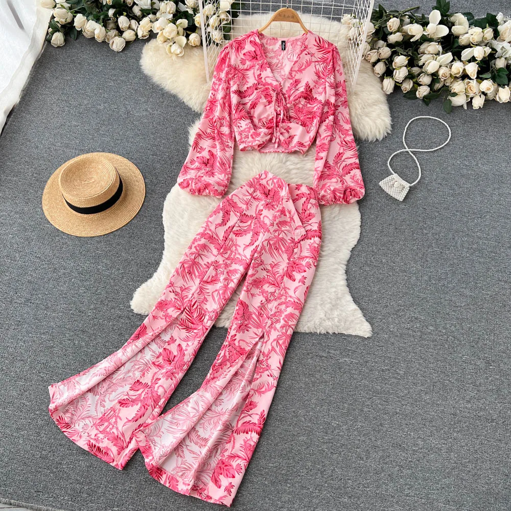 

Floral Print Two Piece Sets Womens Outifits Women Set V-Neck Long Sleeve Crop Top + High Elastic Waist Split Pants Dropshipping