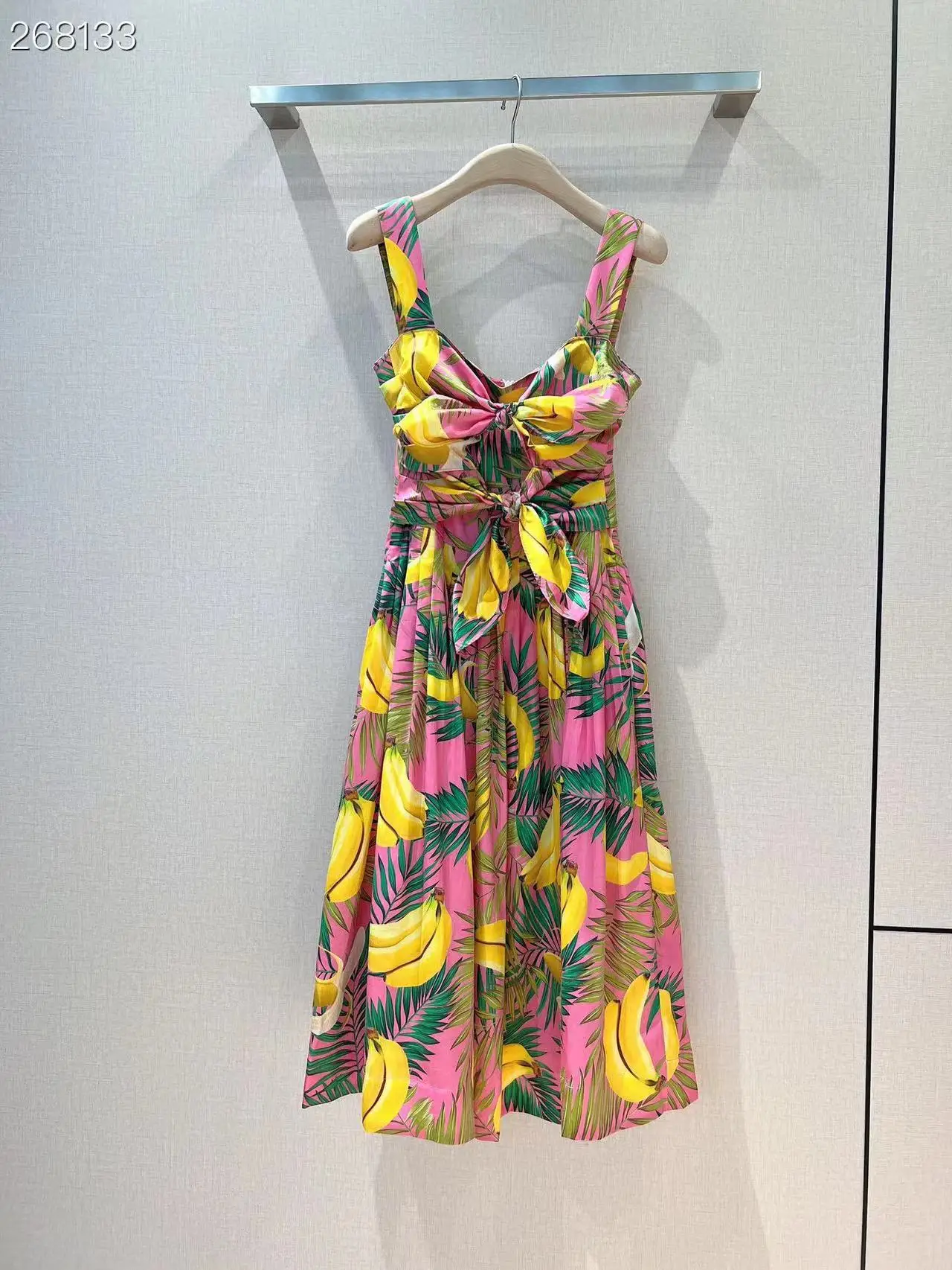 

Fyion 2022 Women's Summer Runway High Quality Cotton Spaghetti Strap Knee-Lengtg Dress Sexy Party Print Bow Dresses