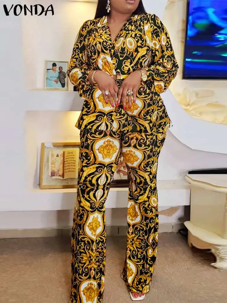 Элегантные офисные брючные комплекты 2024 VONDA женские из 2 предметов с принтом