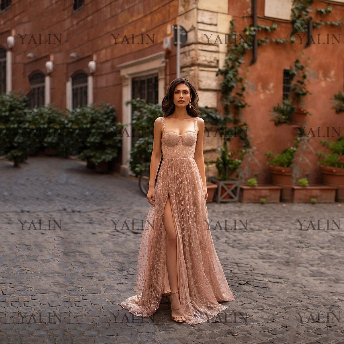 

YALIN, блестящие вечерние платья на бретельках спагетти, платье до пола с высоким разрезом для выпускного вечера, длинное ТРАПЕЦИЕВИДНОЕ ПЛАТ...