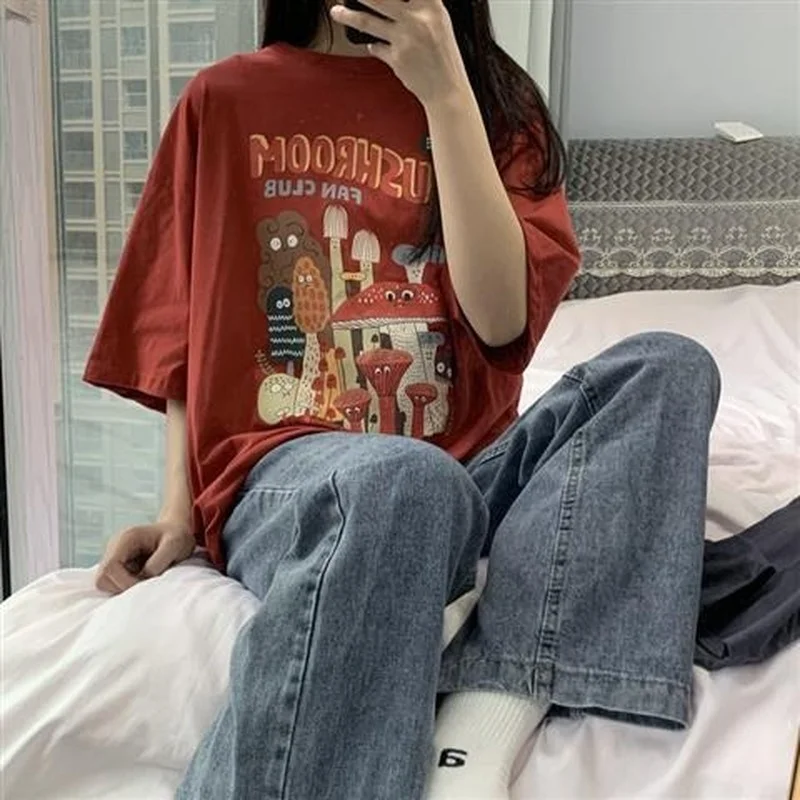 

100% Cotton 2022 Summer New Harajuku Cartoon T Shirt for Women Top Ins All-match Student Graphic Tees Mushroom Print Fashion