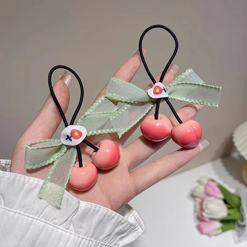 Gauze Mesh Bow Red Cherry High Elastic Hair Band For Girl Kids Cute Kawaii Fairy Ponytail Rubber Ties Accessories