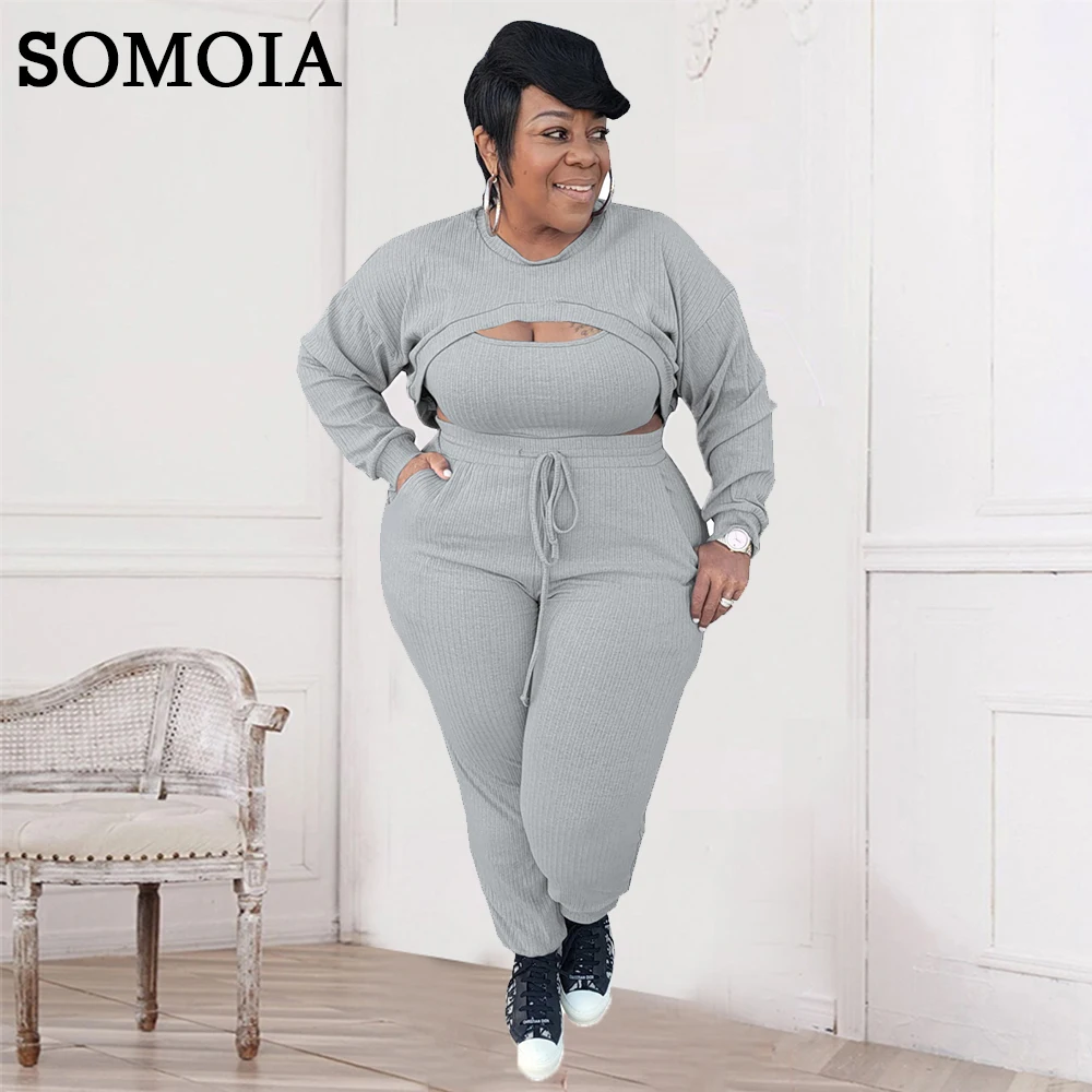 

SOMOIA Plus Size Women Clothing Lace Up Crew Neck Solid Color Casual Sports Suit Sexy Commuter Suit Wholesale Dropshipping