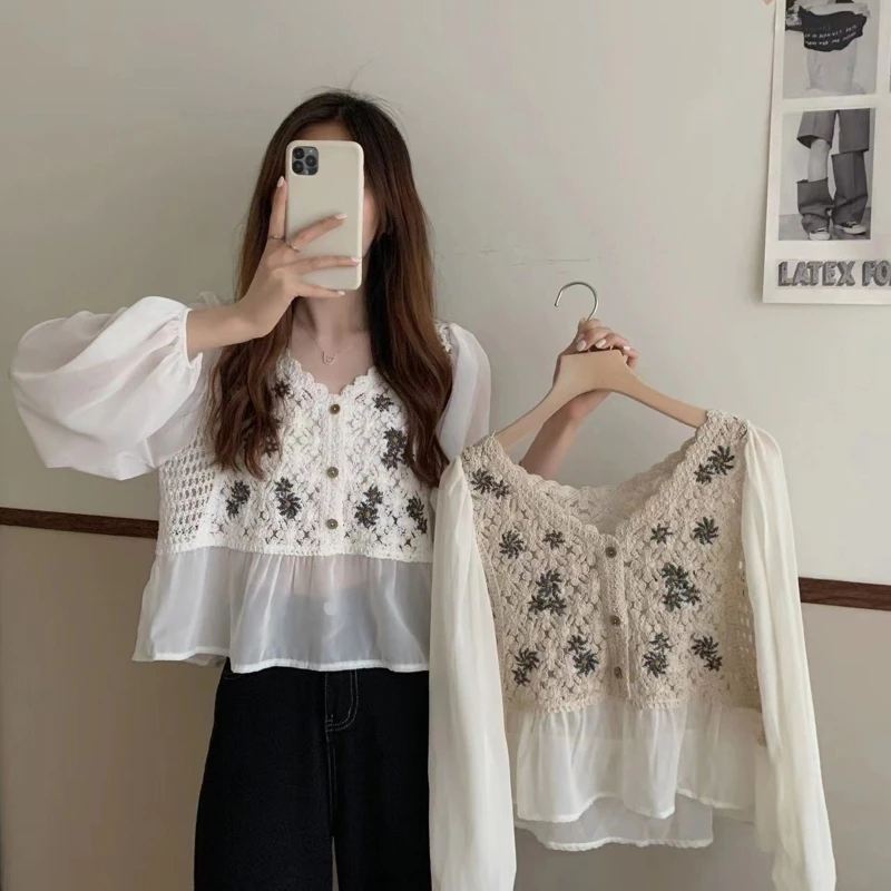

Women Chiffon Puff Sleeve Blouse Crochet Daisy Floral Shirt Buttons Peplum Top