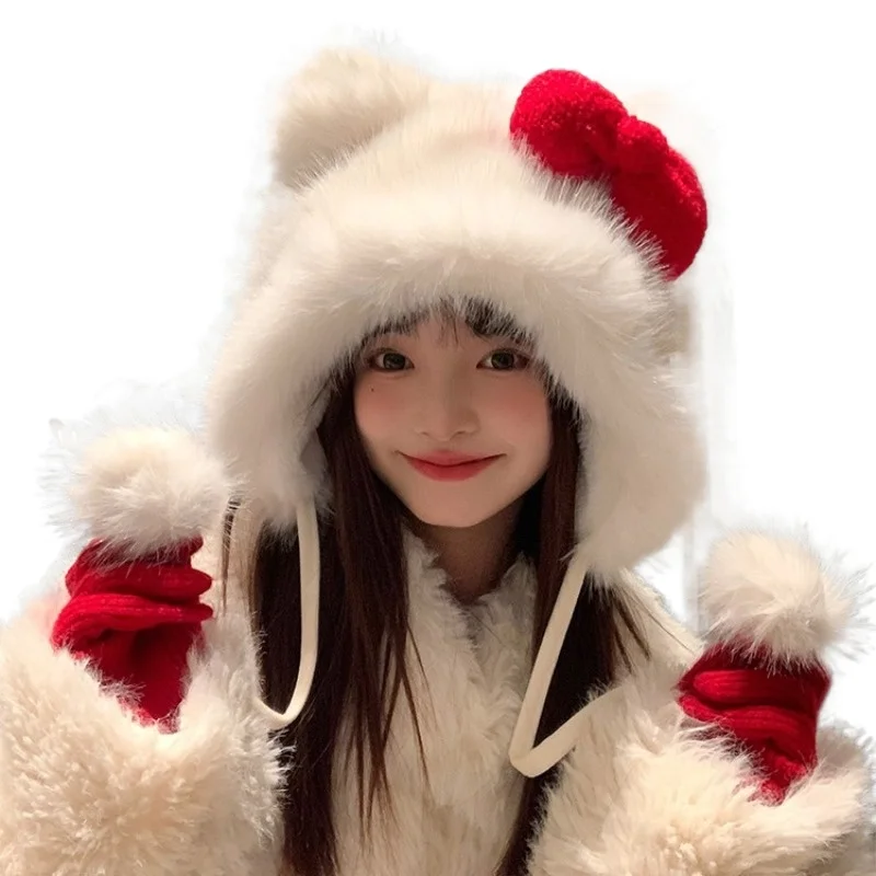 Hello Kitty мультяшный персонаж с бантом защитная шапка для ушей милая кавайная
